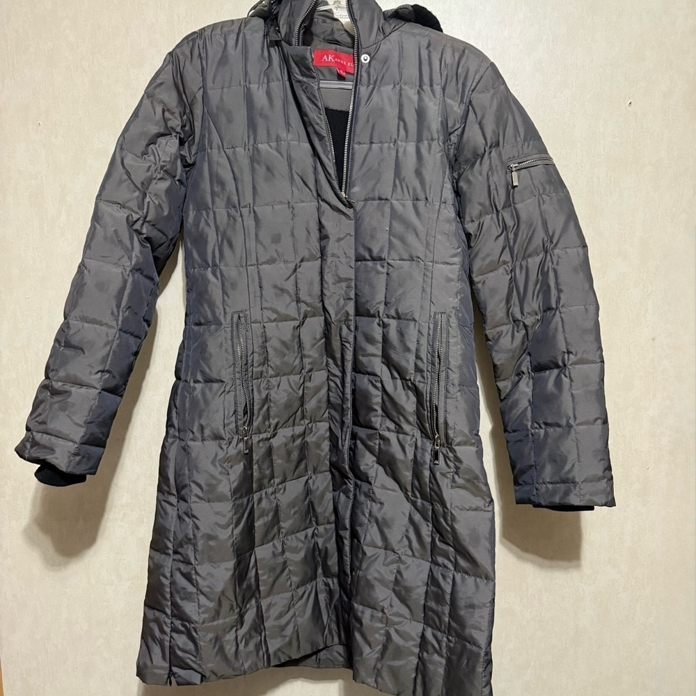 Anne Klein Gray Black Hooded Quilted Down Filled Long Puffer Jacket Coat